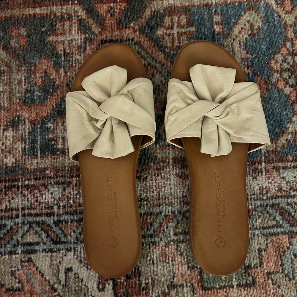 Cream Leather Slide Sandals